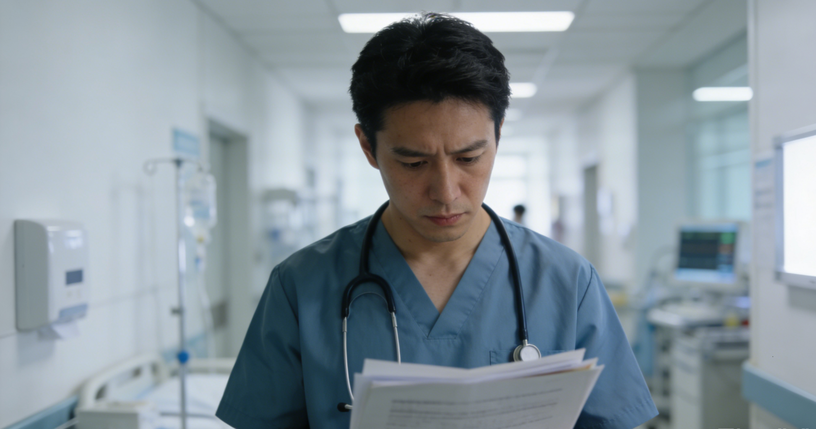 a doctor looked grave at the medical documents in his hand.