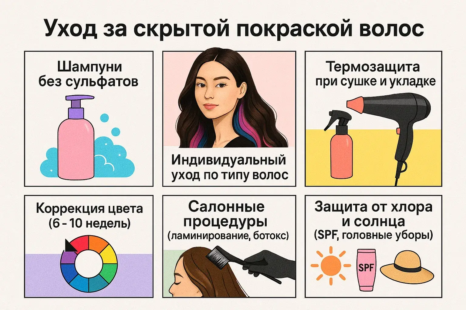 Уход за скрытым окрашиванием: шампуни без сульфатов, термозащита, коррекция цвета и защита от солнца и хлора.