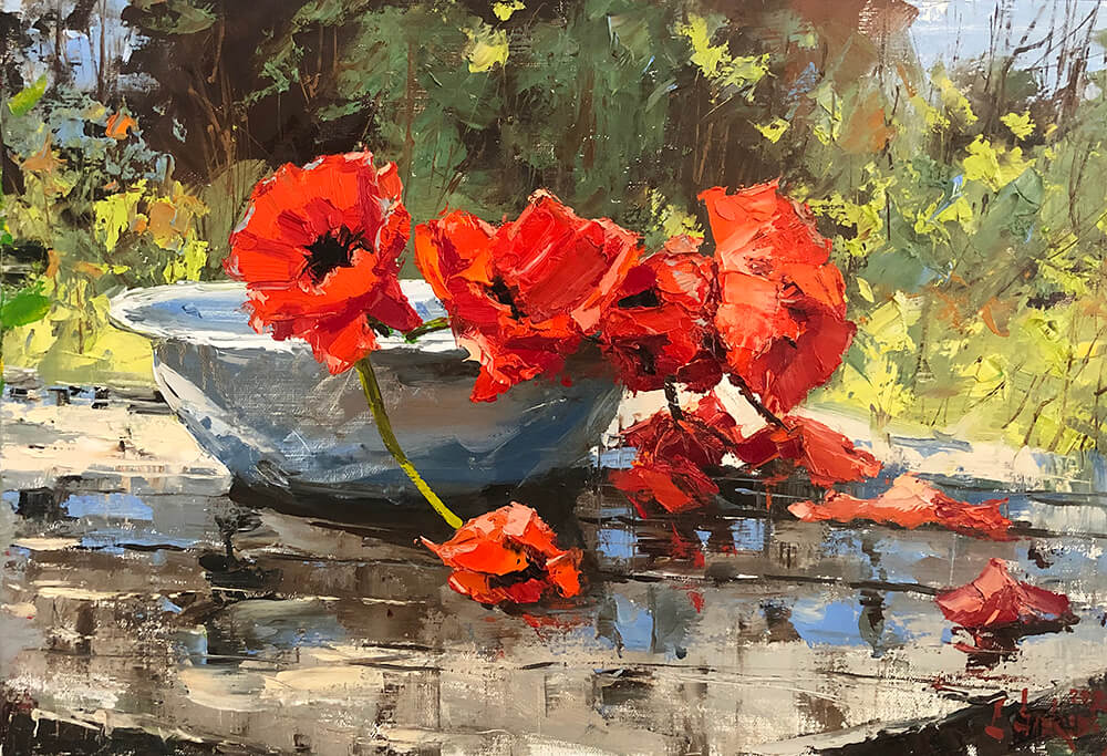 The bouquet of poppies on a wet table. 2022. Oil on canvas. 50x60 cm