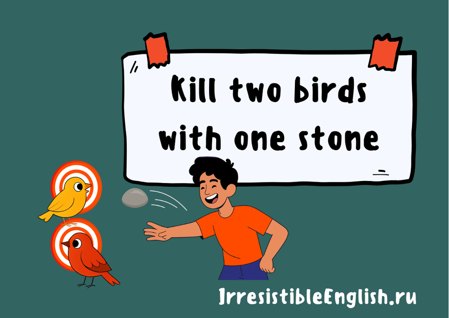 Иллюстрация парня в оранжевой футболке, который бросает камень в двух птиц, сидящих на мишенях. На фоне большой белый плакат с надписью «Kill two birds with one stone».