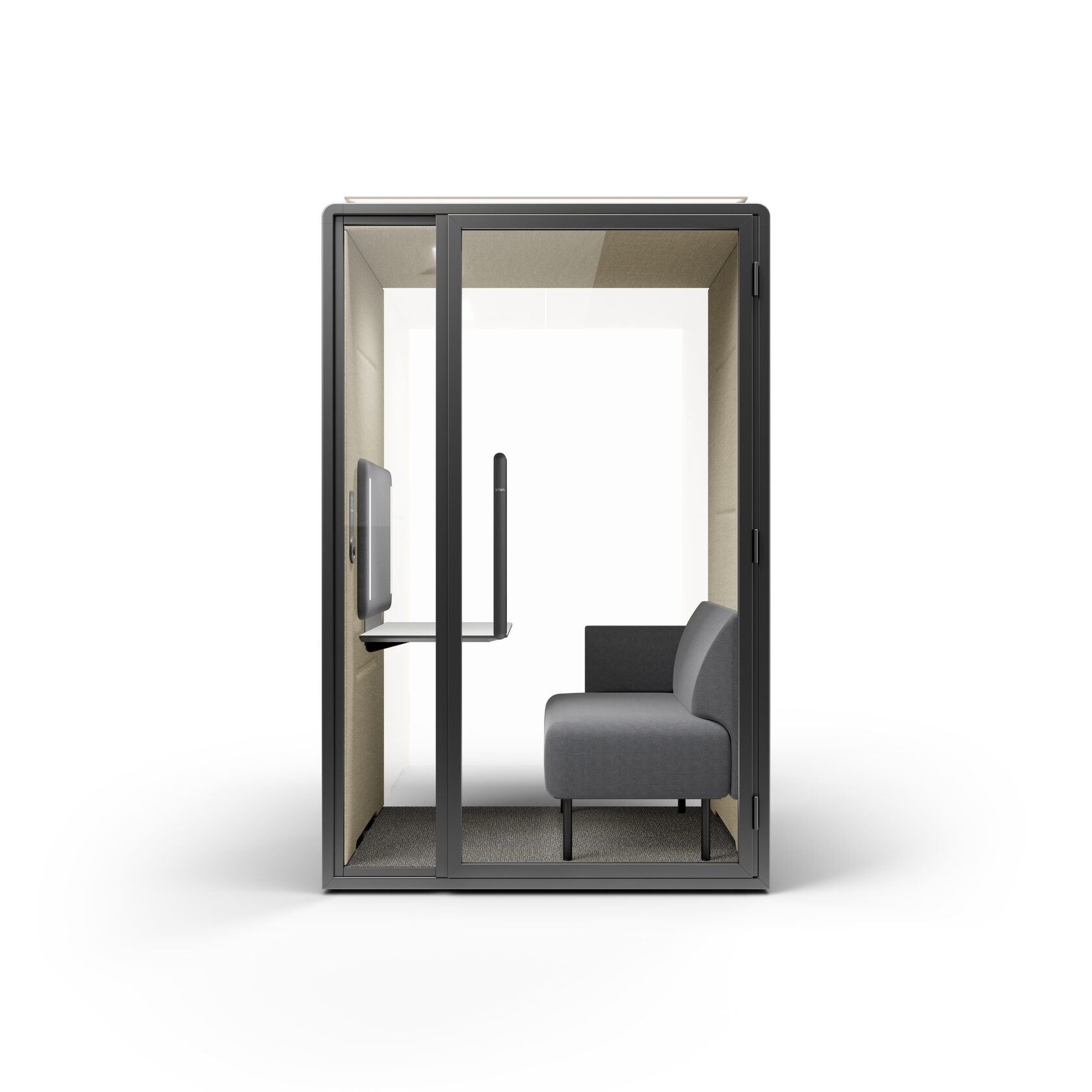Render of two-person acoustic pod with lounge chair, side shelf and wall monitor