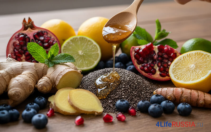 Мёд стекает с ложки на семена чиа рядом с лимоном, лаймом, гранатом, имбирём, куркумой и черникой — простые привычки питания