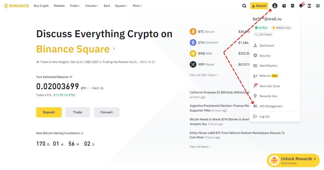 API Management section is highlighted on the Binance website