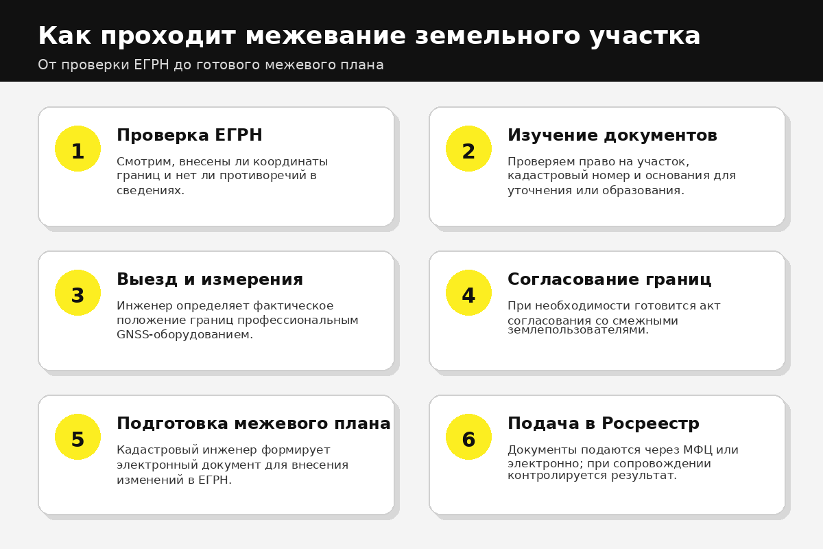 Этапы межевания земельного участка: проверка ЕГРН, измерения, согласование и подготовка межевого плана
