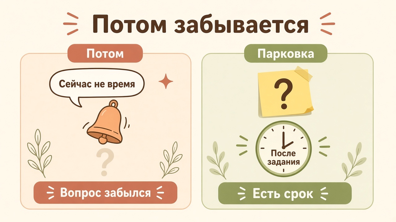 Слева обещание «потом» забывается со звонком, справа вопрос записан и к нему назначено время после задания