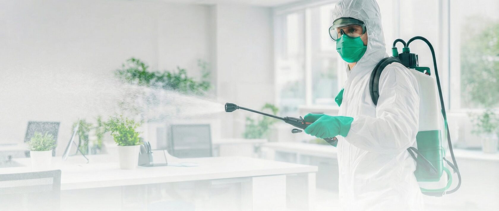 Профессиональная обработка помещений от бактерий и вирусов специалистом службы дезинфекции
