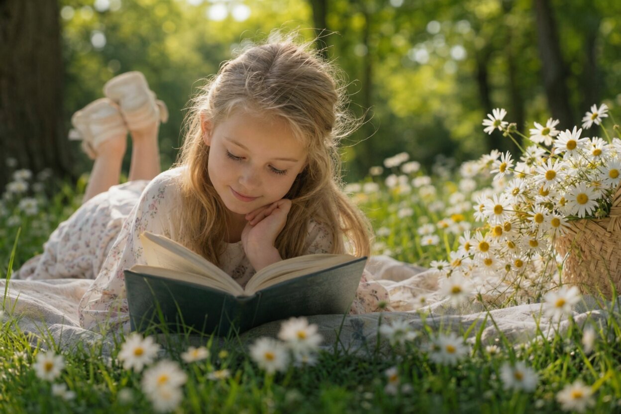 Девочка лежит и читает книгу в ромашковом поле