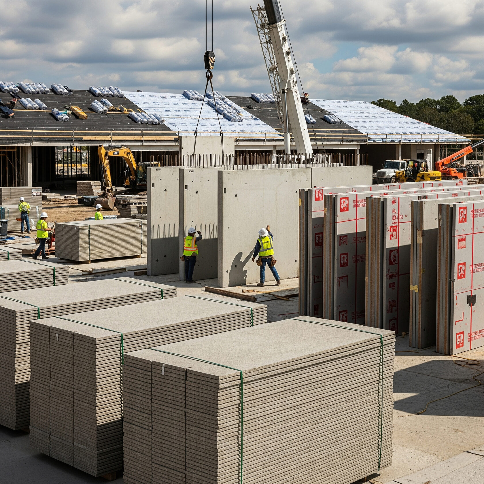 Construction workers installing large precast concrete panels with a crane on building site