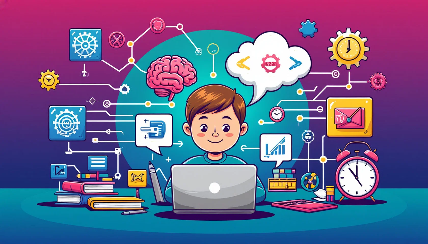 Ребёнок учится за компьютером. На фоне разные предметы и активная мозговая деятельность.