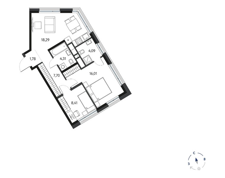 Планировка 2-комнатной квартиры 60,59 м² в ЖК «Кинетик»: 7-й этаж