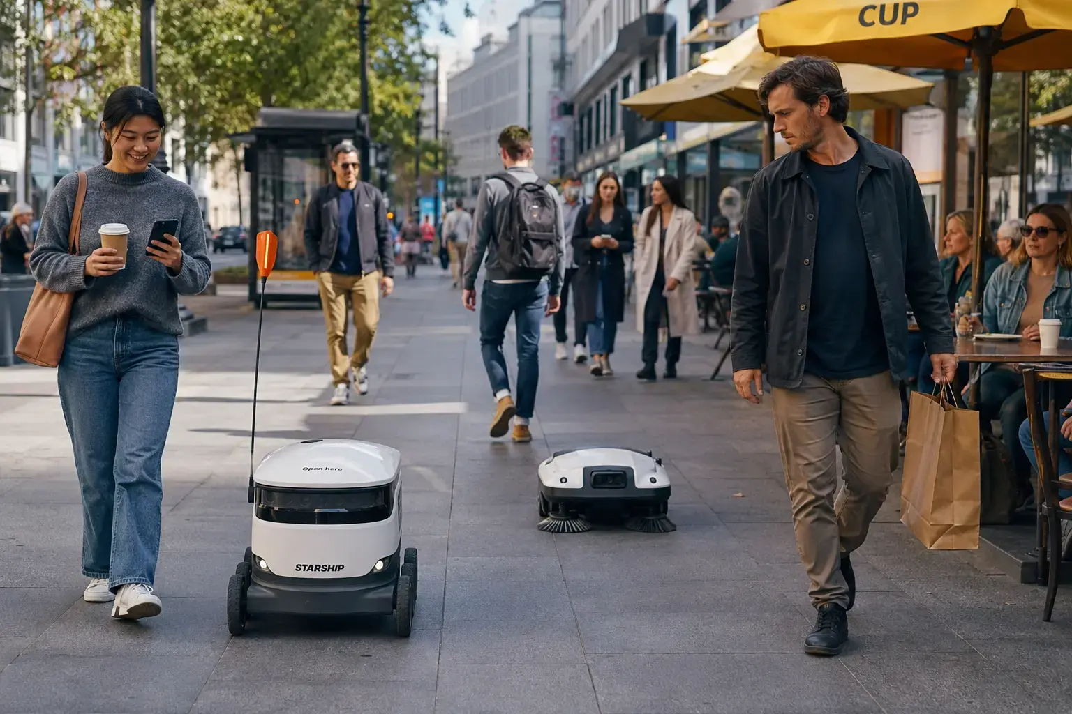Urban pedestrians naturally navigating around small delivery robots and cleaning drones on a busy city sidewalk in 2026, showing the new pedestrian dance of human-robot coexistence