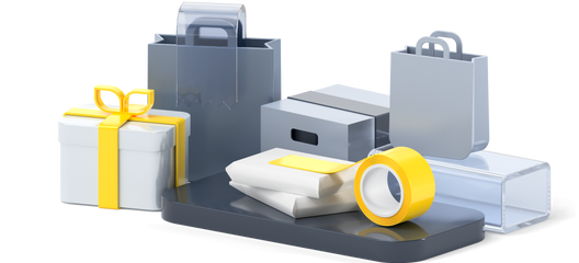 3D модель, рисунок - канцелярские объекты, скотч, упаковка, подарок с желтым бантом