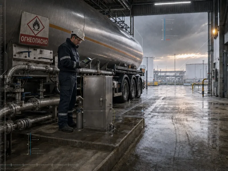 Инженер выполняет входной контроль бензина у автоцистерны на нефтебазе
