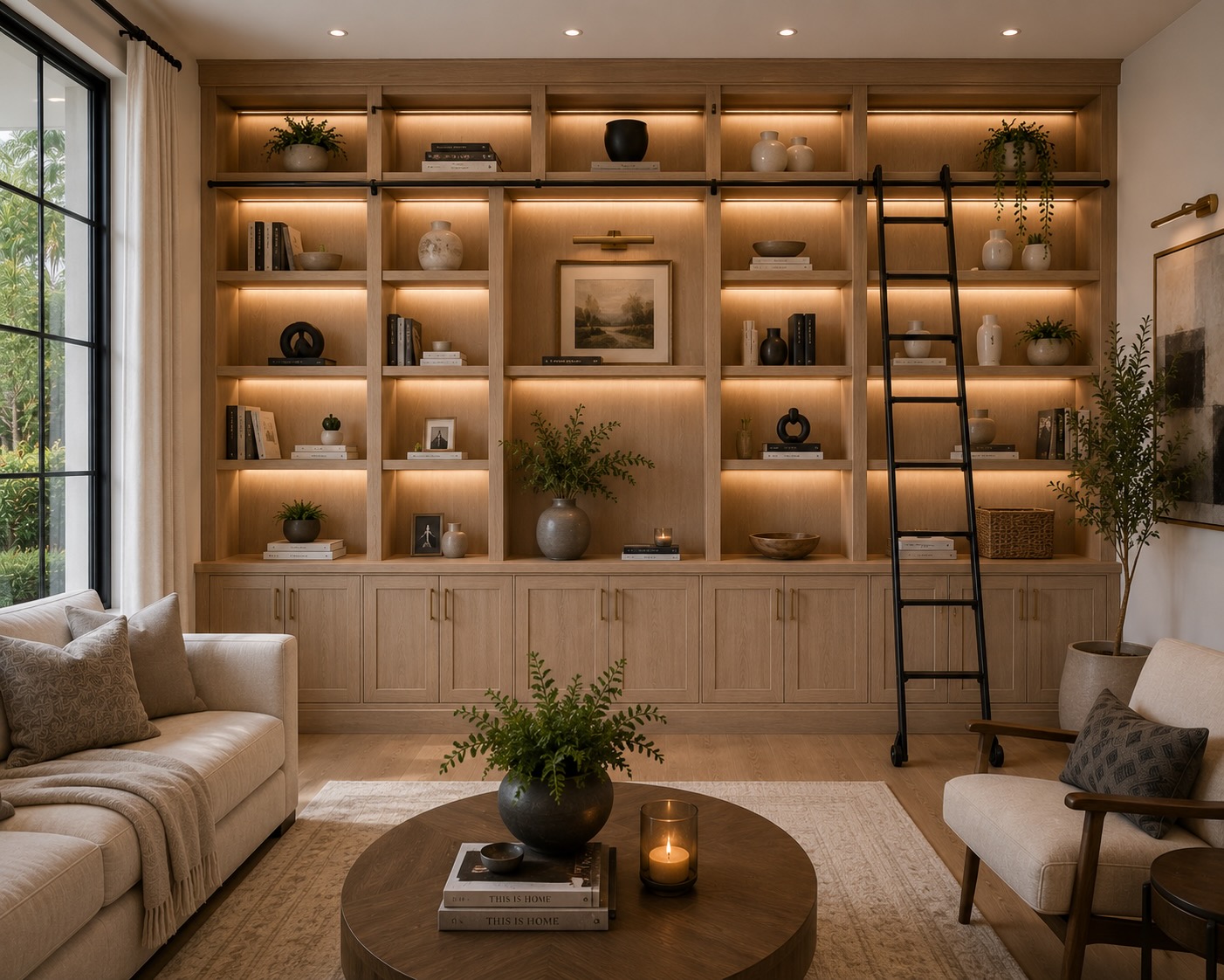 Custom floor-to-ceiling library wall with built-in shelving and storage cabinets in an Orlando home.