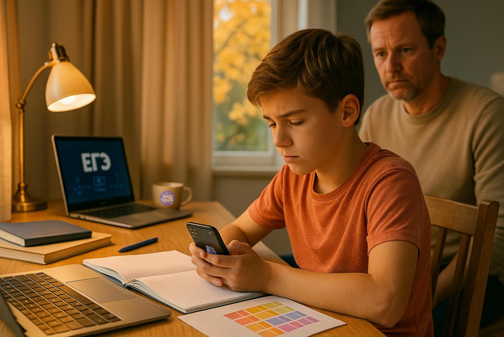 Ребёнок 10–13 лет сидит за столом с учебниками и тетрадями, держит телефон и отвлекается от учёбы, рядом ноутбук и кружка какао, на заднем плане родитель с лёгким беспокойством, тёплая домашняя атмосфера и мягкий дневной свет