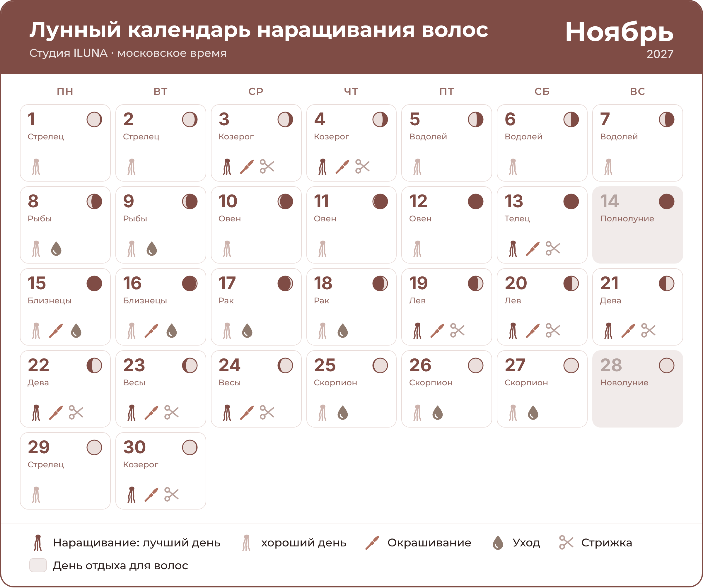Лунный календарь наращивания волос на ноябрь 2027 по дням