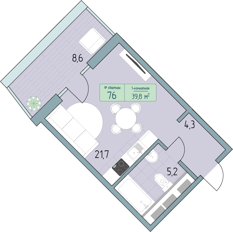 Планировка 1-комнатная 39,8 м²