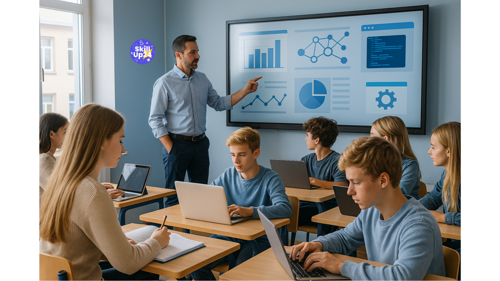 Современный школьный класс: учитель у интерактивной доски с графиками и диаграммами, старшеклассники 14–17 лет работают за ноутбуками и планшетами, урок цифрового обучения в технологичной школе России