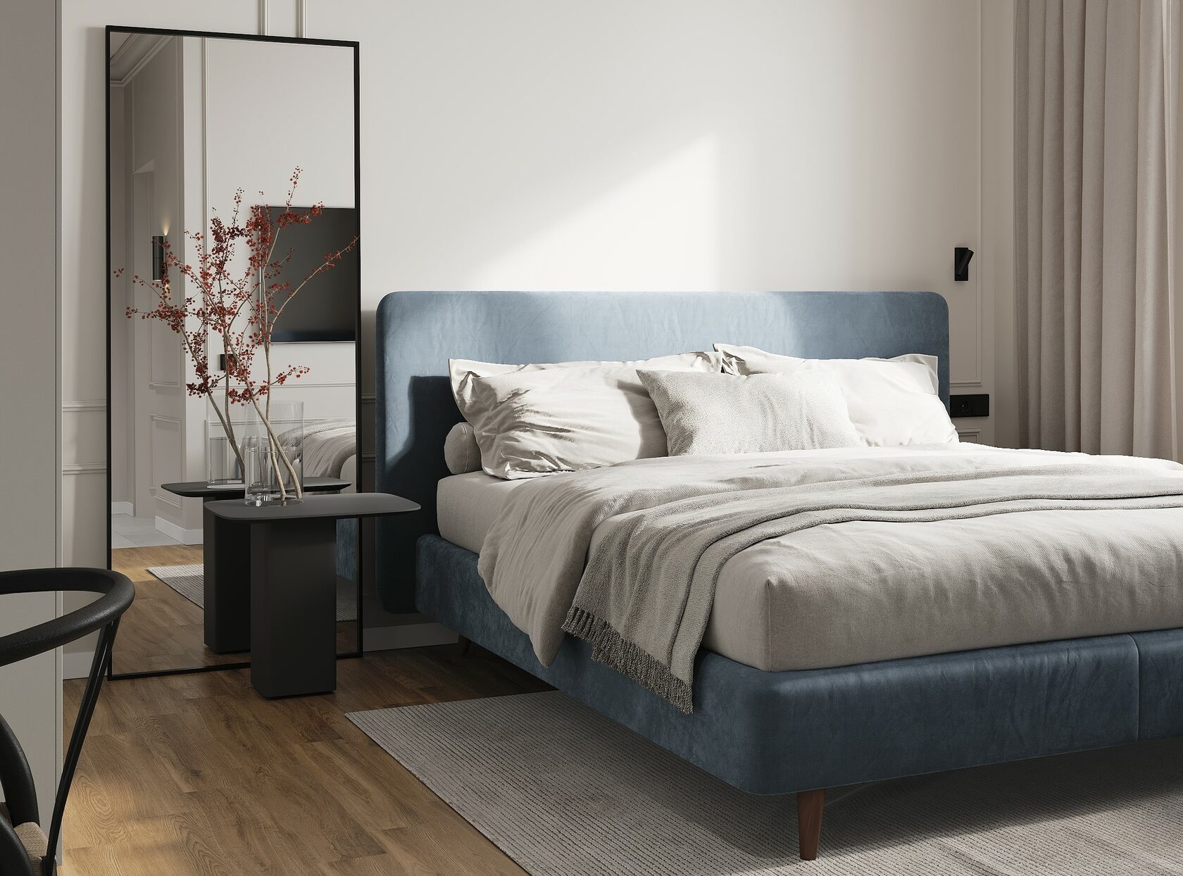 голубая кровать в интерьере спальни 