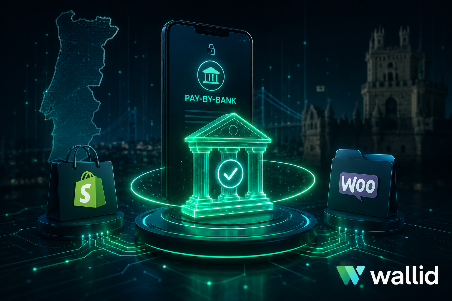 Ilustração futurista de pagamentos Open Banking para negócios de alto risco em Portugal, com referências a Shopify, WooCommerce e infraestrutura bancária digital da Wallid.