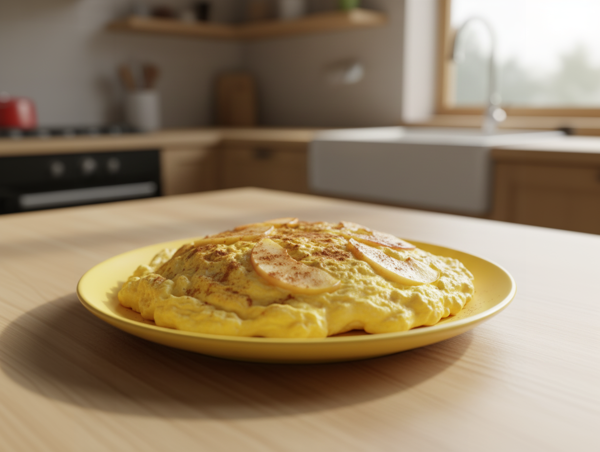 Пышный омлет с яблоками и корицей на тарелке, посыпанный сахарной пудрой, рядом дольки яблок.