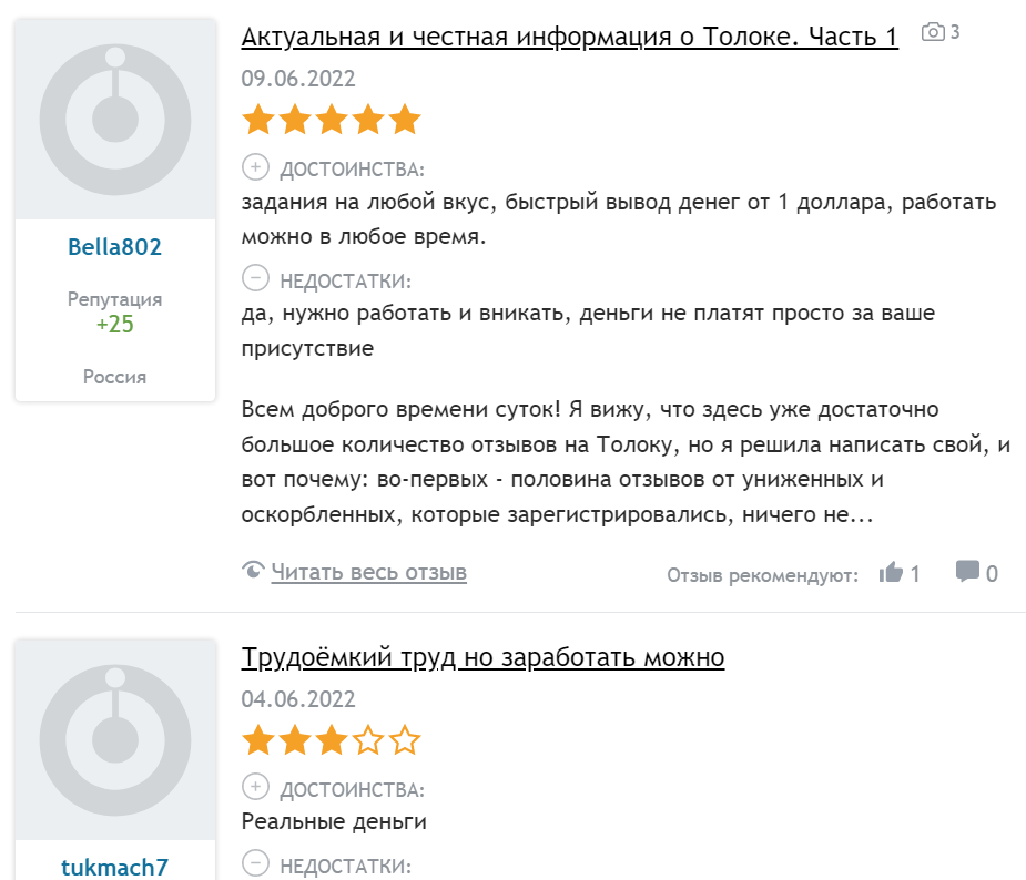 Отзывы на «Яндекс.Толоку»