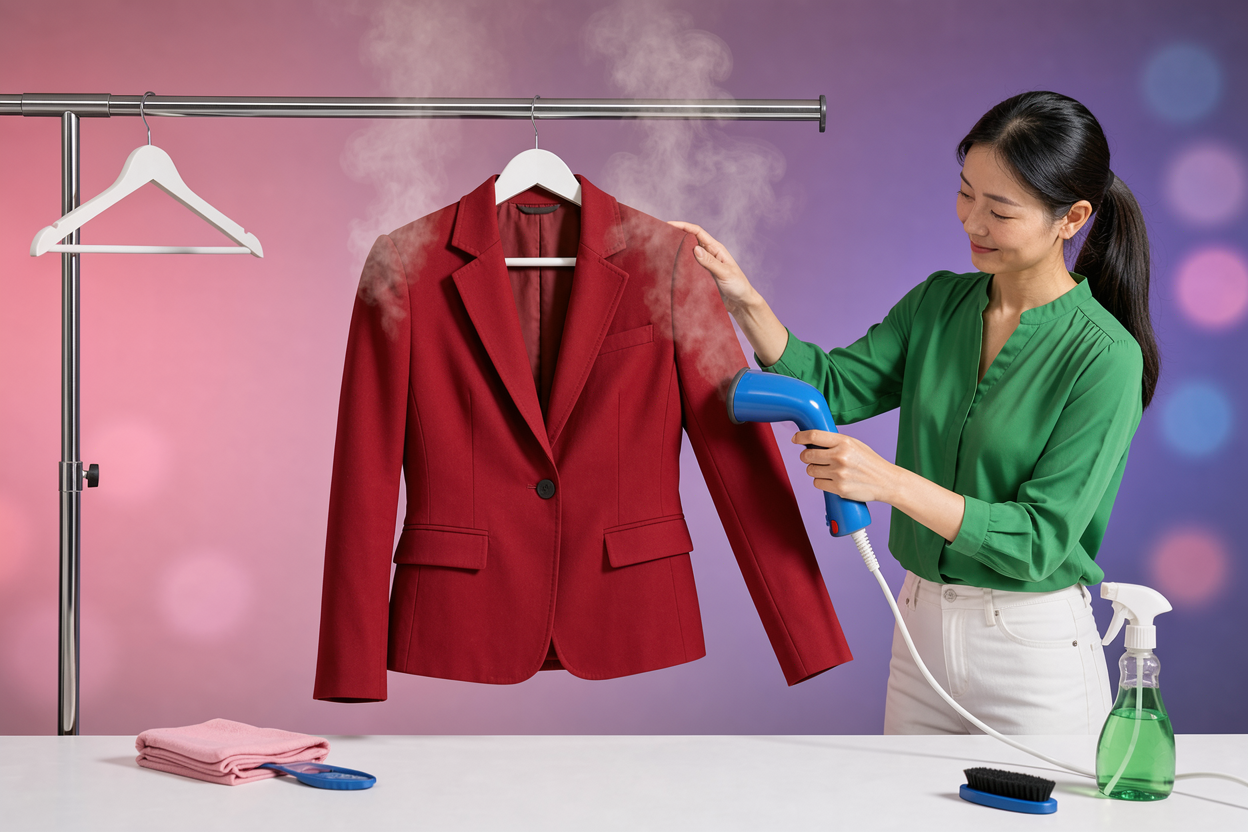 Steam rising around a hanging jacket while a person uses a garment steamer to smooth the fabric and reshape shoulders