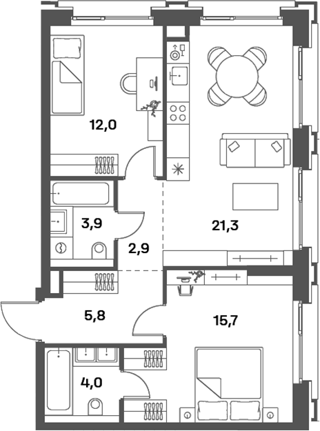 3-комн 86 м²