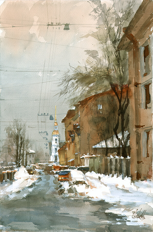Kryukov Canal in winter. Watercolor on paper, 56x36 cm