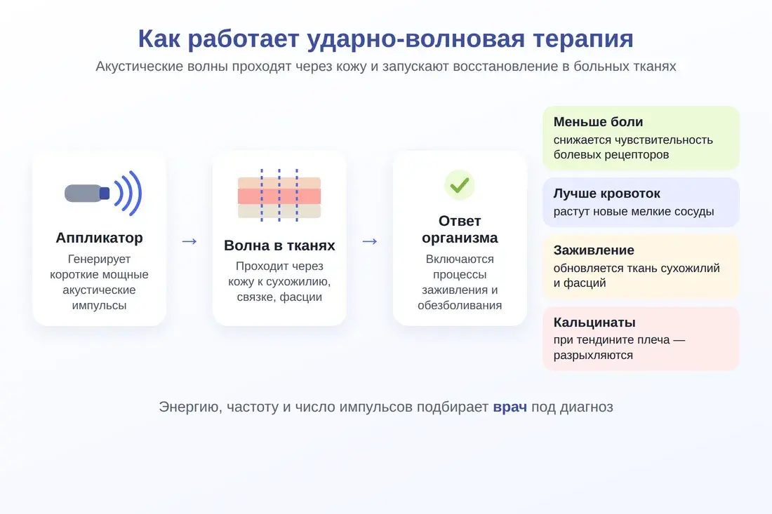 Схема: как работает ударно-волновая терапия — аппликатор, волна в тканях, ответ организма