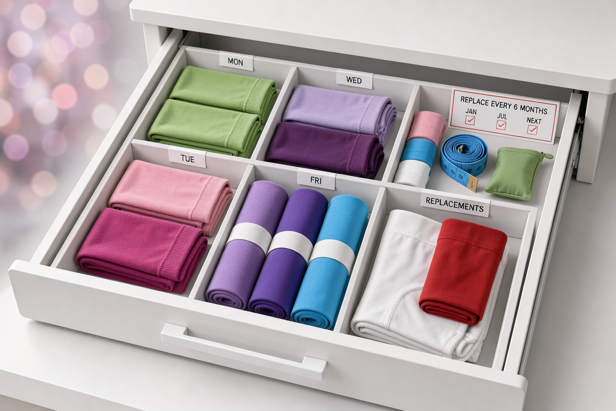 Neatly organized drawer with folded compression garments (stockings, sleeves), labeled compartments for daily rotation and replacement reminders