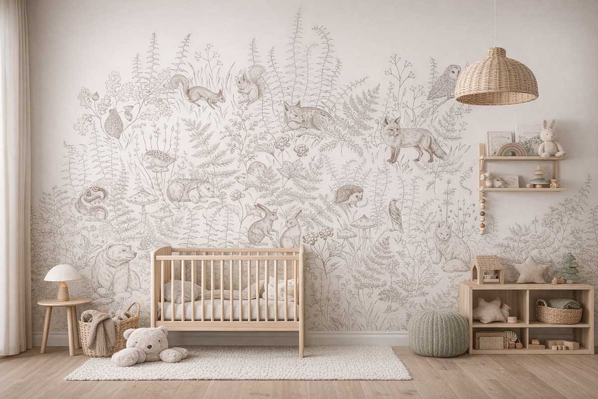 Фотообои «Лесные истории» в молочном цвете в интерьере детской с кроваткой