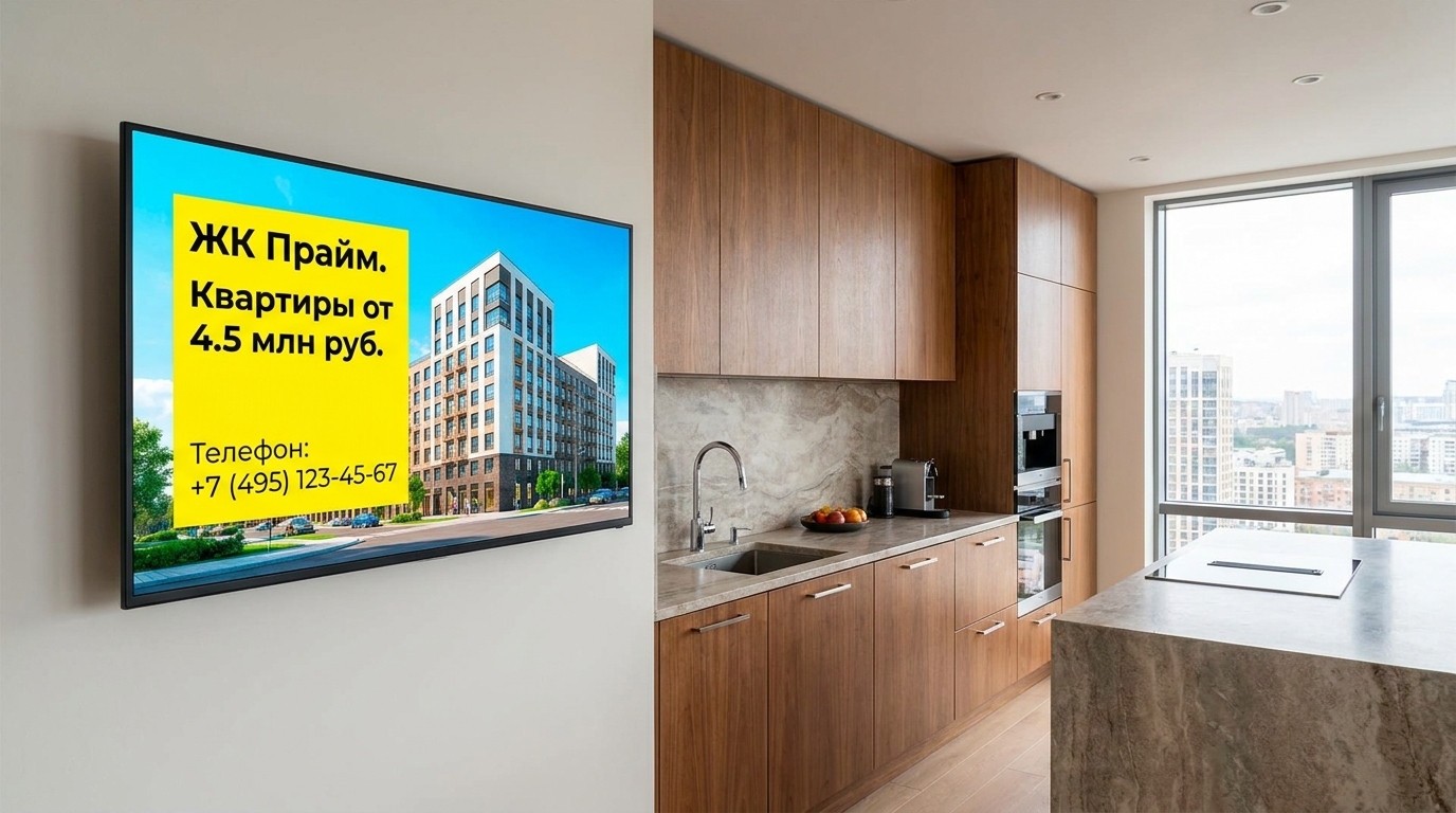 Пример рекламы на Smart TV: Жилой комплекс: цена квартир и телефон отдела продаж