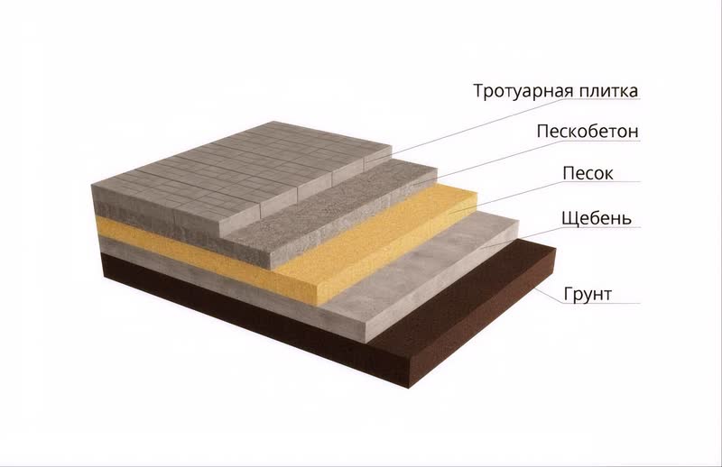 Схема слоёв мощения тротуарной плиткой: плитка, пескобетон, песок, щебень, грунт