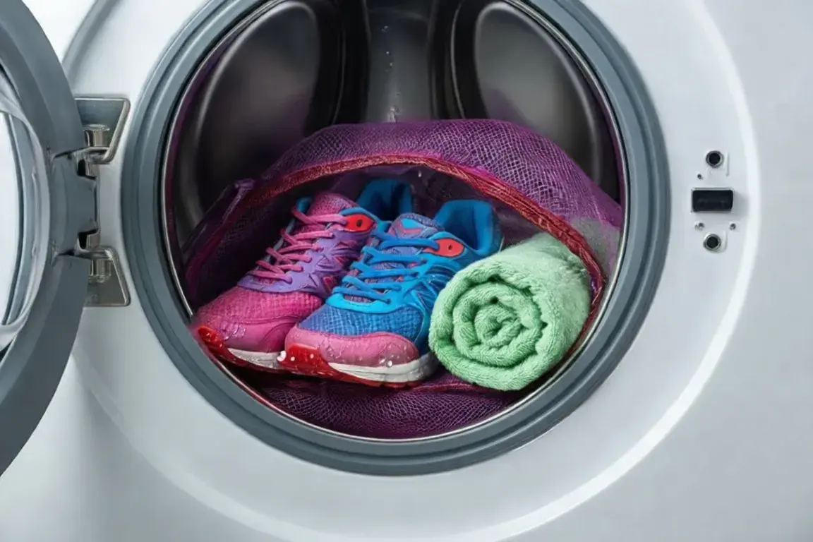 two sneakers in a mesh laundry bag ready for a washing machine, a rolled towel placed in the drum beside them, soft water droplets on fabric