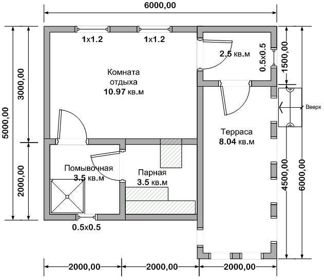 Проект бани 6х4 с террасой и комнатой отдыха