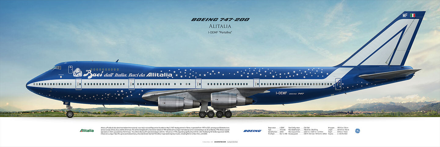 Poster, Boeing 747-200 Alitalia I-DEMF aircraft, in Baci Perugina livery, on a landscape background