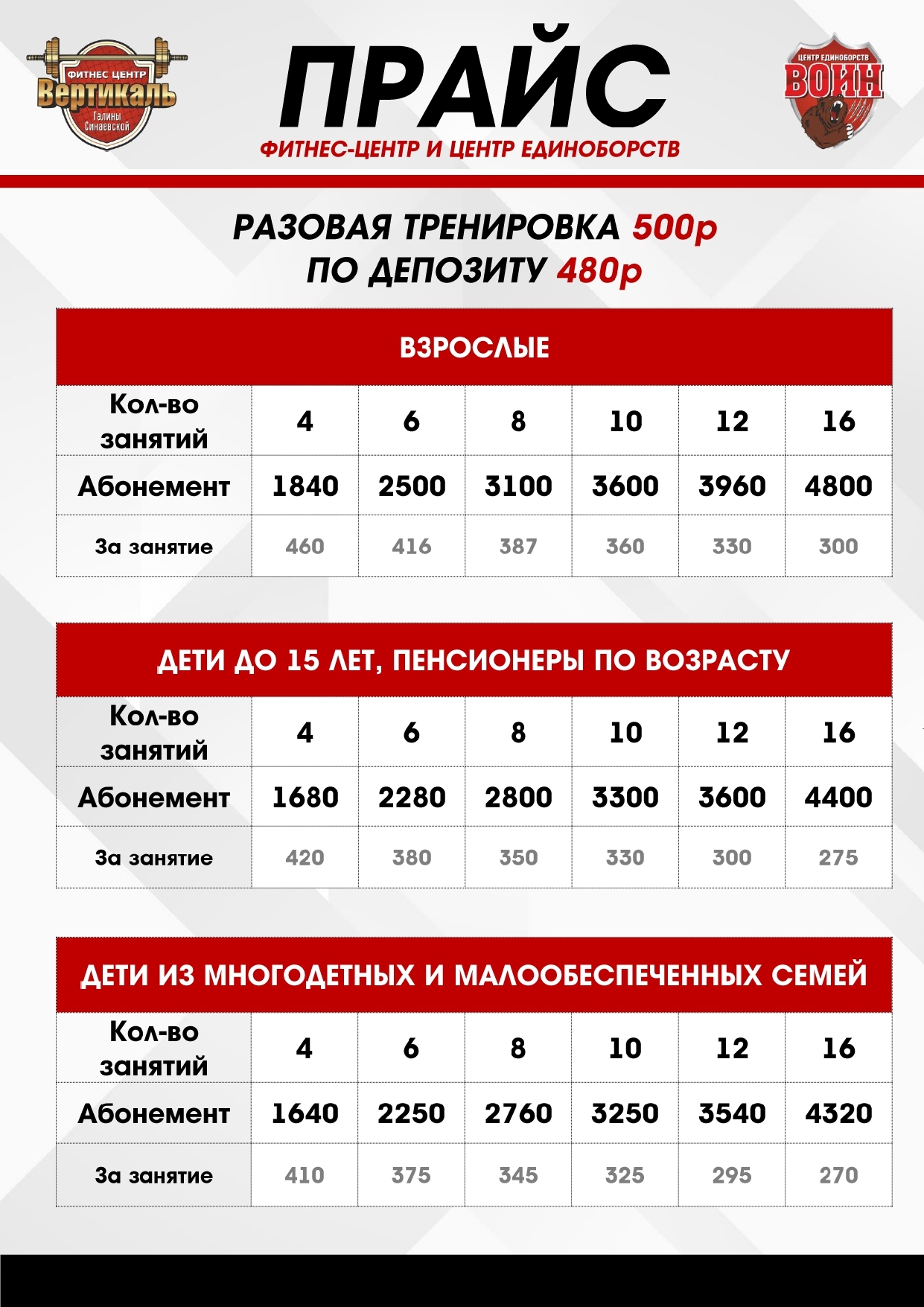 Прайс тренажерного зала Балтика