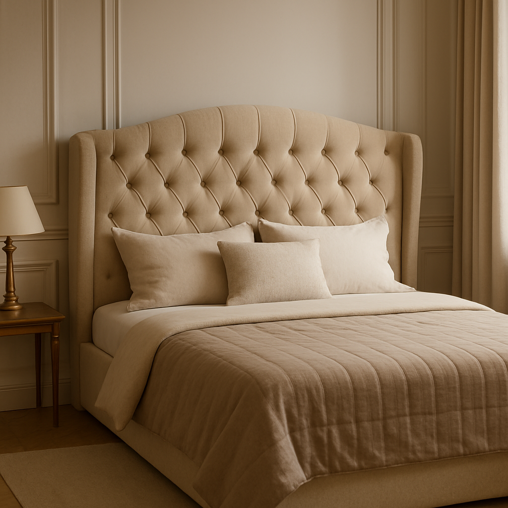 Элегантная кровать с высоким мягким изголовьем в бежевом интерьере спальни, оформленной в тёплой нейтральной палитре.