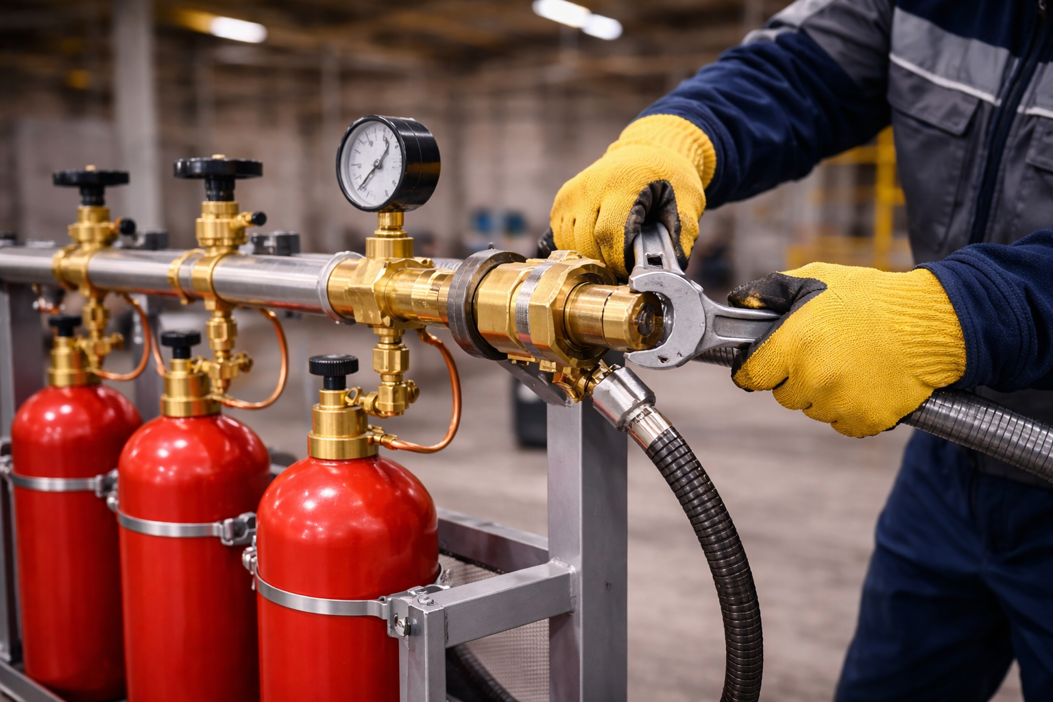 Подключение газовой рампы — специалист в защитных перчатках подключает газовый шланг к распределительному коллектору газовой рампы с красными баллонами, редукторами и манометром в промышленном помещении.