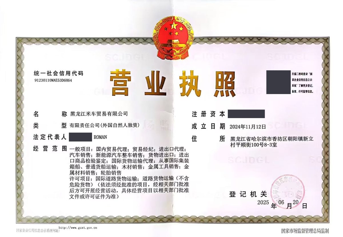 Бизнес-лицензия Heilongjiang Miche Trading Co., Ltd. (часть данных скрыта)