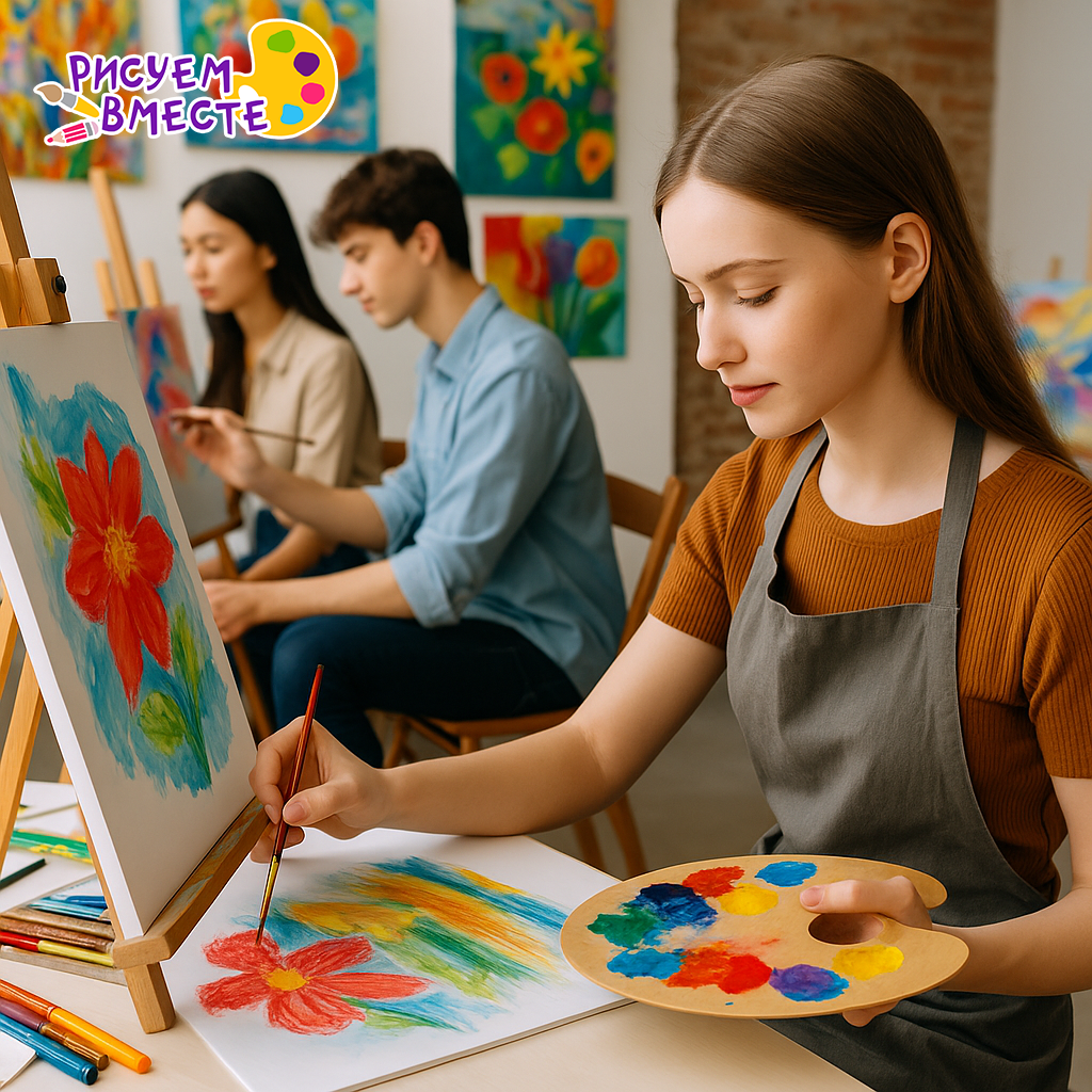Фотография студентов художественной студии, которые рисуют картины акварелью и акрилом за мольбертами, на фоне палитры и готовые работы