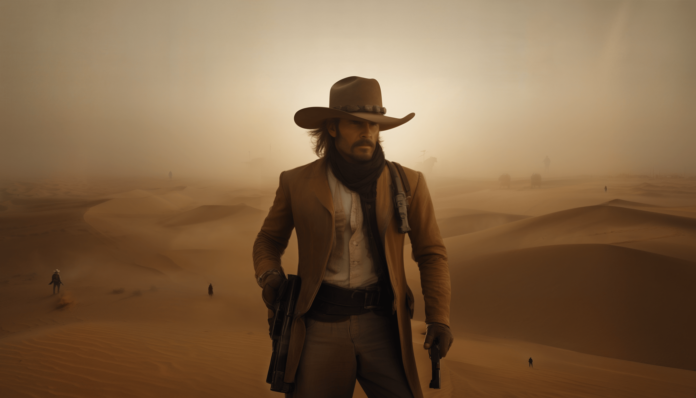 a gunslinger standing in a sandy foggy desert looking at a sandstorm holding 2 guns --ar 16:9 --model sdxl