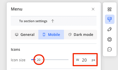 Move the slider or set the size of icons for mobile mode