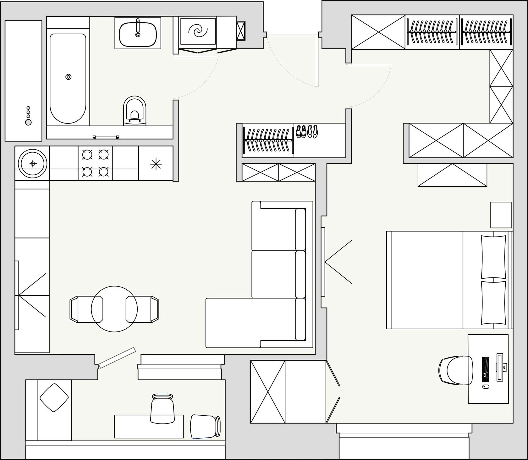 Планировка с проходной гардеробной. Кухня-гостиная. 