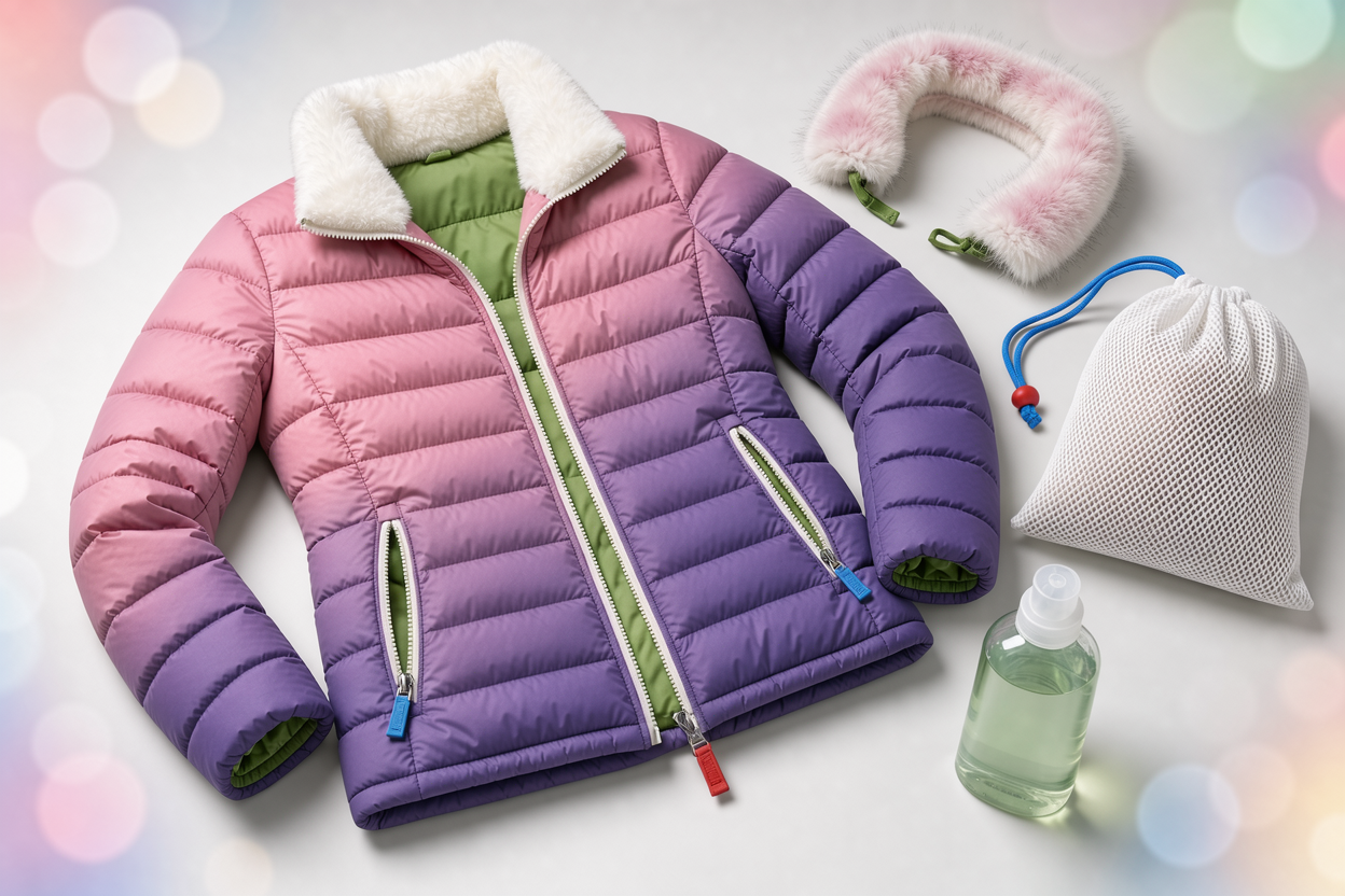 Top view of a padded jacket with open pockets and removed faux fur collar, placed beside a mesh laundry bag and gentle liquid detergent bottle (no brand), focus on fabric texture and zipper