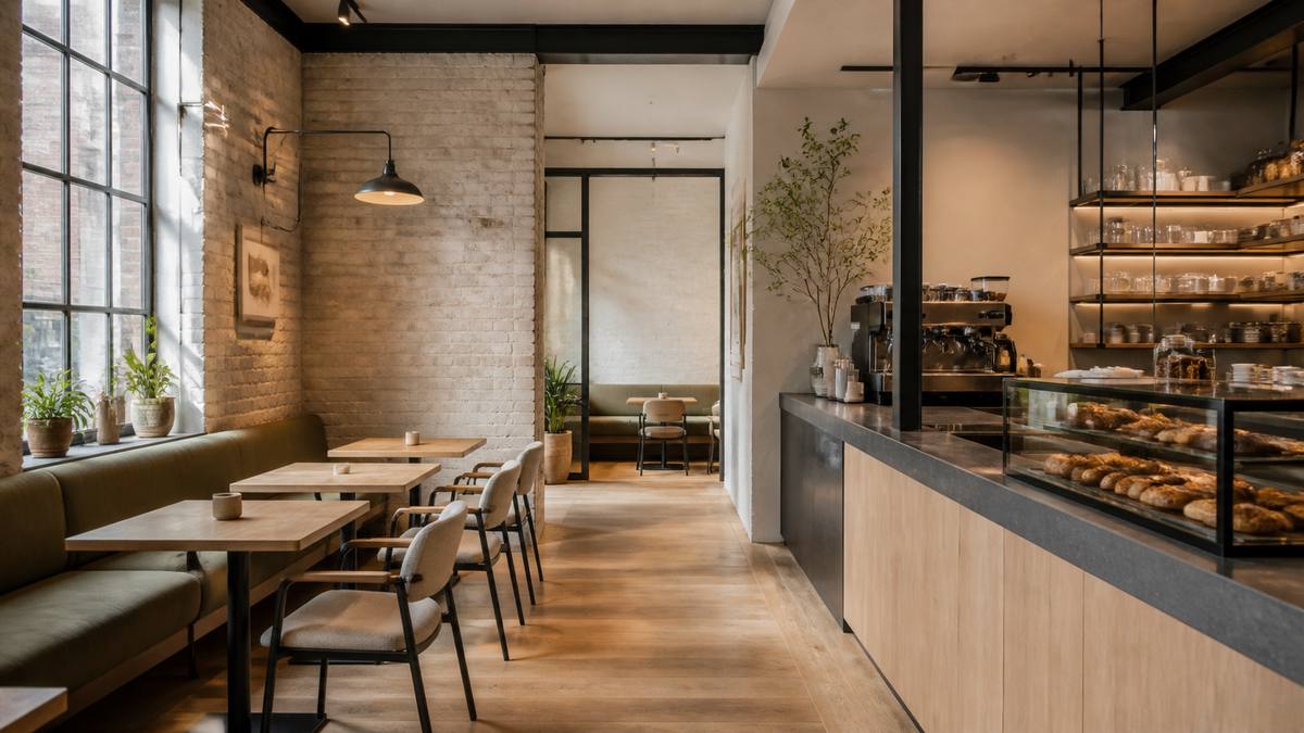 Светлое кафе в стиле soft loft с деревянной мебелью и мягкой посадкой