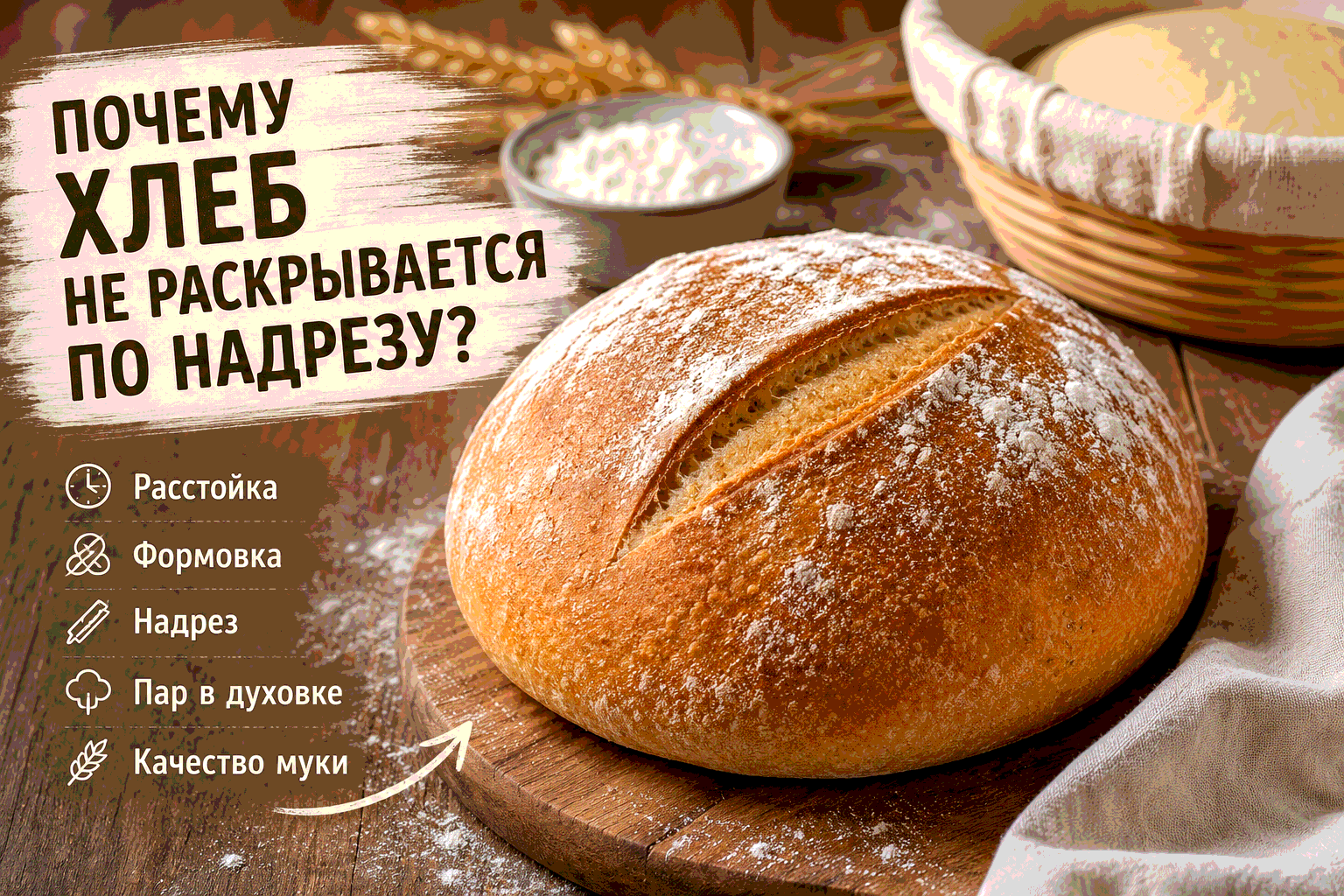 Хлеб на закваске с плохо раскрывшимся надрезом после выпечки