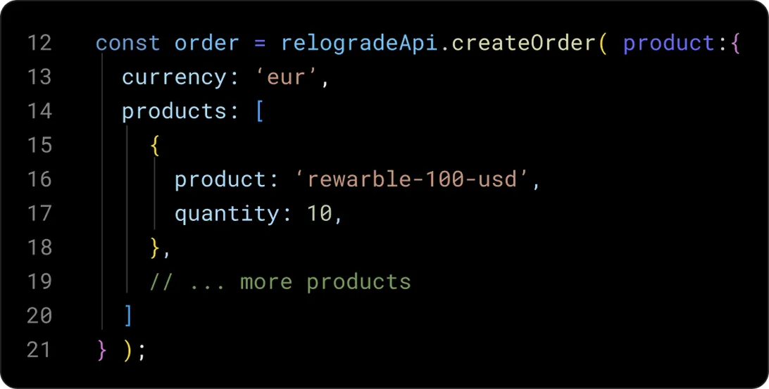 Mulbi Gift Card API code example for automated bulk order creation
