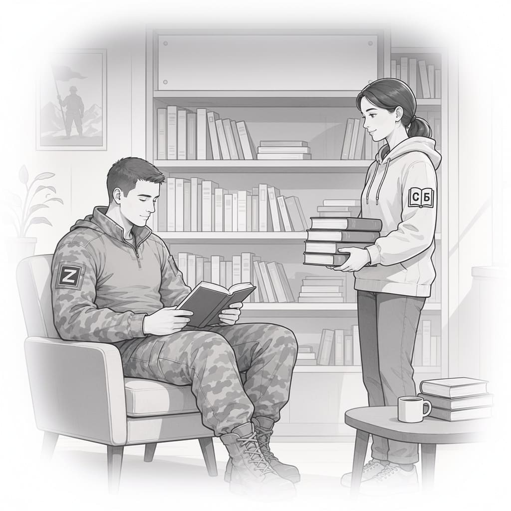 Военнослужащий читает книгу в библиотеке проекта